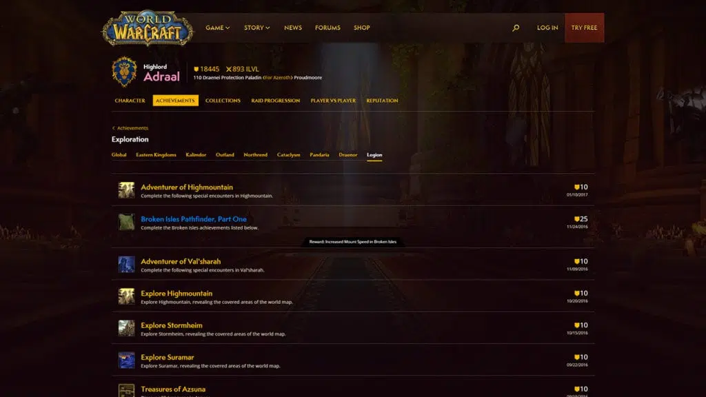 WoW Profile Page Achievements
