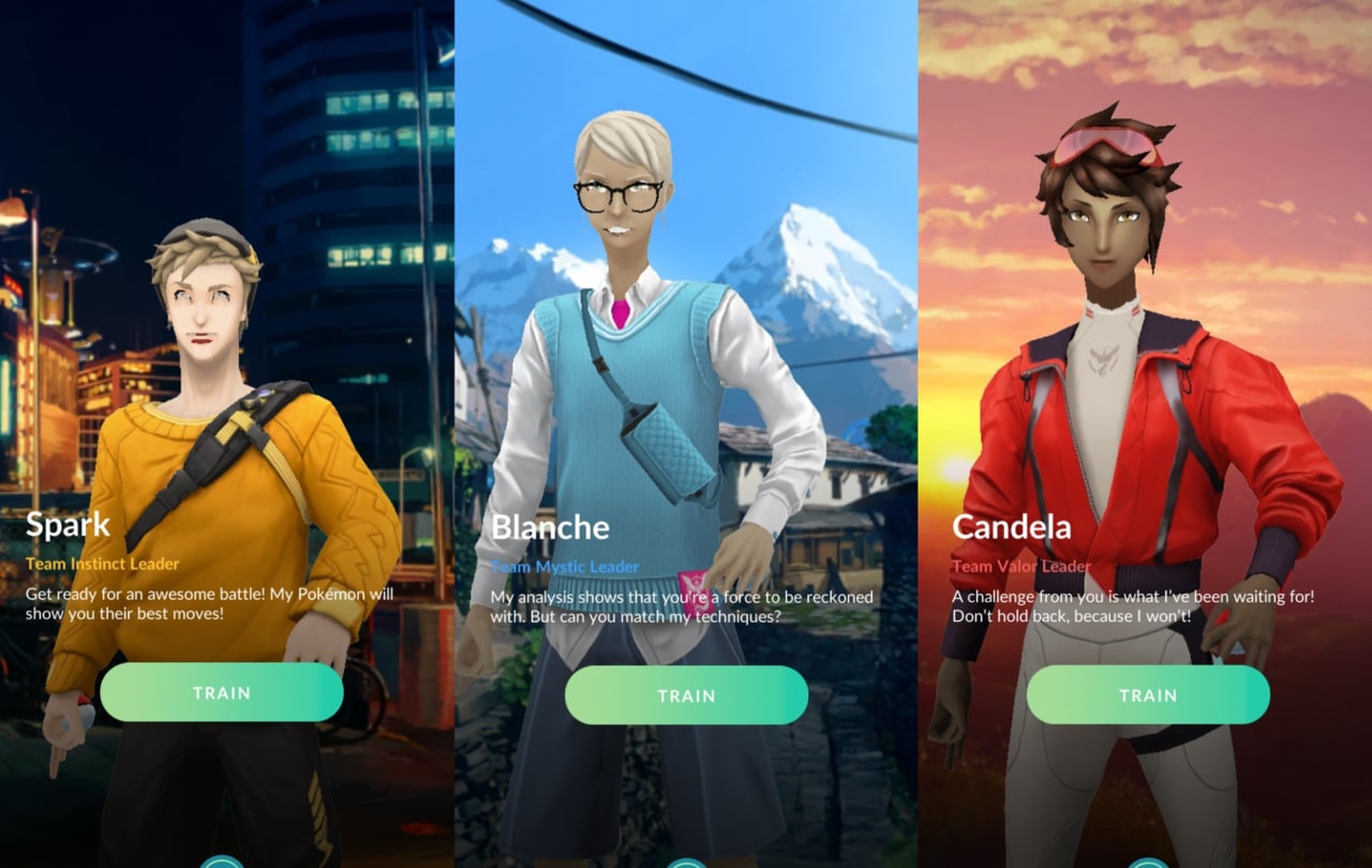 Pokemon Go Team Leaders Spark, Blanche, Candela New Outfits
